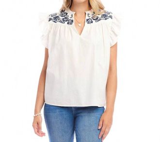 Karen Kane Embroidered Ruffle Sleeve Top In Off White With Navy