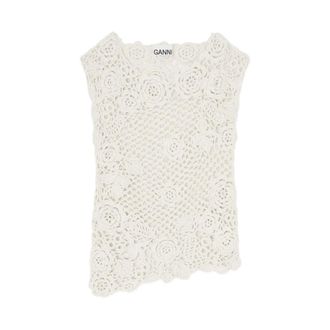 Ganni Sleeveless Tops, female, White, Size: XS Crochet Knit Floral Sleeveless Top