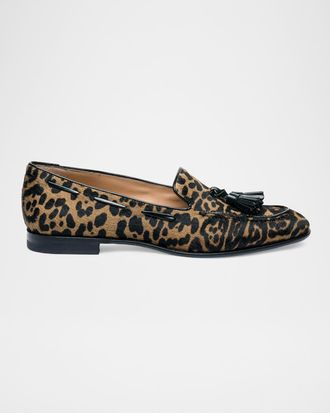 Santoni Leopard Calf Hair Tassel Loafers