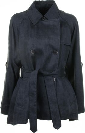 Fay Womens Navy Blue Double-breasted Trench Jacket With Belt - Dark Grey Linen - Size Large