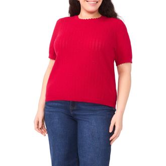 CeCe by Cynthia Steffe Short Sleeve Cotton Pointelle Sweater in Rose Cerise at Nordstrom, Size 1 X