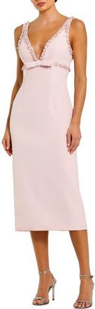 Mac Duggal Plunging Beaded Bow Trim V Neck Fitted Midi Dress in Blush at Nordstrom, Size 10