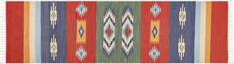 Beliani Alfombra Kilim De Algod&oacute;n Rojo Azul Verde Amarillo 80 X 300 Cm A Mano Geom&eacute;trico Borlas Kamaris