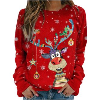 Generic Christmas Sweatshirts for Women UK Funny Reindeer Snowflake Graphic Print Casual Long Sleeve Shirts Tunic Tops Womens Ugly Christmas Sweatshirts Women