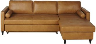 Maisons du monde Sofá cheslong de 4/5 plazas de cuero color caramelo