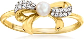 RS Pure by Ross-Simons 3-3.5mm Cultured Pearl Bow Ring With Diamond Accents in 14kt Yellow Gold