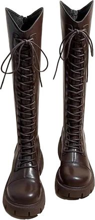 Generic Womens Lace Up Knee High Boots Winter Platform Thick Heel Cotton Lined Style Long Booties