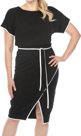 Joseph Ribkoff Contrast Trim Waist Tie Front Slit Sheath Dress In Black/off-White