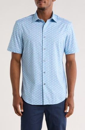 Bugatchi Geometric Short Sleeve Woven Button-Up Shirt in Aqua at Nordstrom Rack, Size Xxx-Large