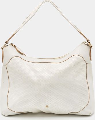 Aigner White Embossed Leather Zip Hobo