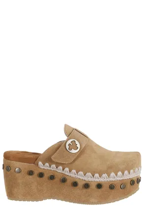 Mou Cognac Plain Crochet Trim Platform Suede Clogs