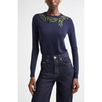 Carolina Herrera Olive Branch Embroidered Silk & Cotton Sweater in Midnight Multi at Nordstrom, Size X-Large
