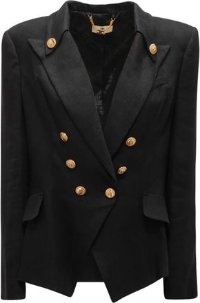 Elisabetta Franchi Giacca Doppiopetto Wool-Linen Jacket Gi-162-52E2 - Dames - Blazers - Zwart - XL - Wol - Jassen