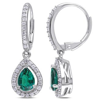 Amour Created Emerald and White Sapphire Teardrop Leverback Earrings In Sterling Silver