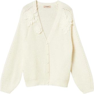 Twinset Cardigan met gehaakte bloemen - Dames - Truien - Wit - Maat: XS Wol