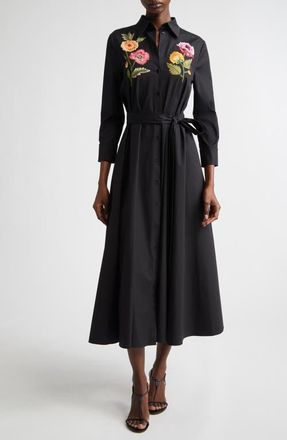 Carolina Herrera Poppy Embroidered Belted Stretch Poplin Shirtdress in Black Multi at Nordstrom, Size 14