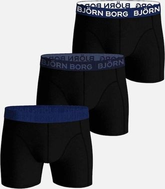 Bj&ouml;rn Borg Mens Bjorn Borg 3-Pack Cotton Stretch Boxer Trunks, Black/Blue - Black/Black/Black - Size: 32/34/35
