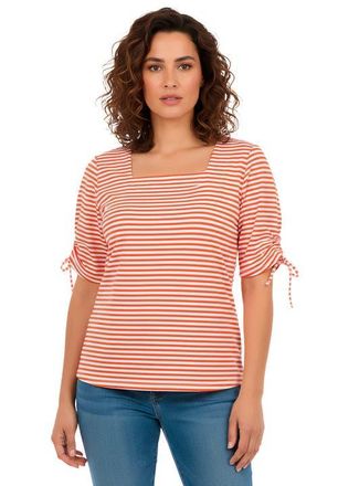 Jessica London Stretch Cotton Tie Sleeve Square Neck Tee in Burnt Red Feeder Stripe at Nordstrom, Size Small