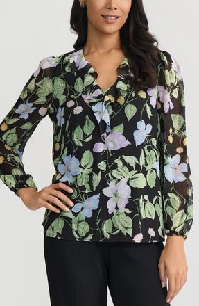 Kasper Floral Print Ruffle Shirt in Black Multi at Nordstrom, Size X-Large