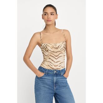 Good American Womens Mesh Bustier Bodysuit | Brown Tiger, Size Medium | Good American by Khlo&Egrave; Kardashian