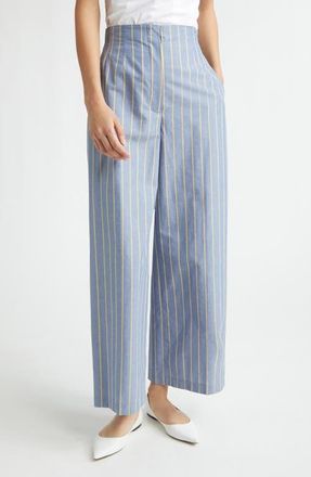 Lela Rose Stripe Hollywood Waist Cotton & Linen Wide Leg Ankle Pants in Bluebell at Nordstrom, Size 12