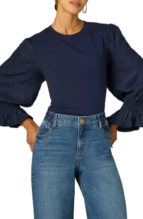 Wit & Wisdom Mixed Media Smocked Sleeve Top in Monaco Blue at Nordstrom, Size X-Small