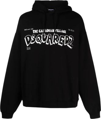 Dsquared2 Canadian Village Logo Loose Fit Hoodie - Heren - Hoodies - Zwart - XL - Katoen - Hoodies & sweatvesten