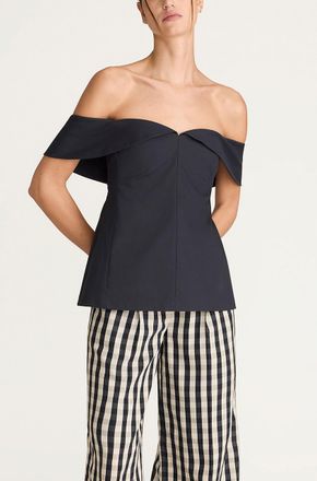 Rebecca Taylor Cotton Sateen Draped Shoulder Top