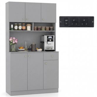 Costway Costway 180cm Tall Kitchen Cupboard Buffet Pantry Storage Cabinet w/USB Ports in Grey