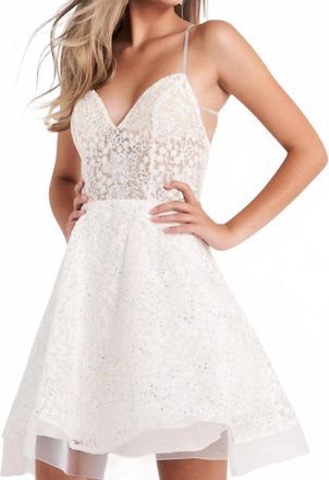 Jovani Embroidered Fit And Flare Short Dress In Off White