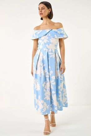 Roman Floral Bardot Premium Stretch Midi Dress