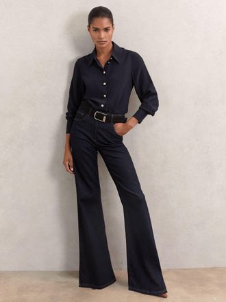 Reiss Navy Silk Embossed-button Shirt, 16