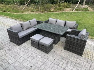 Fimous Wicker PE Garden Furniture Rattan Sofa Set Outdoor Adjustable Rising Lifting Dining Table Set with 2 Stools in Dark Grey