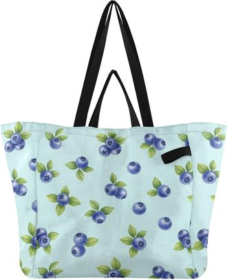 Generic Blueberries Leaves Teal print Reusable Canvas Tote Bag, Heavy Duty Grocery Shopping Bag with Hard Bottom Double Handles Large Capacity Work Groceries 