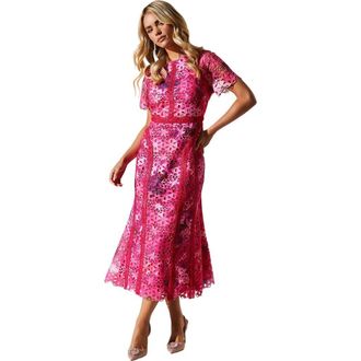Coast Petite Printed Lace Midi Pencil Dress in Pink at Nordstrom, Size 4P