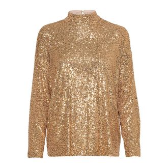 Saint Tropez Gouden Paillettenblouse met Hoge Hals - Dames - Blouses - Geel - M - Pailletten - Overhemden