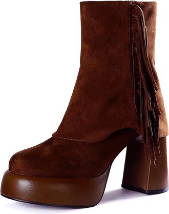 Generic Womens Tan Ankle Boots Walking Ankle Boots Women Fashion Women Flock Solid Color Autumn Thick Sole Square Heels Zipper Short Booties Round Toe Shoes C