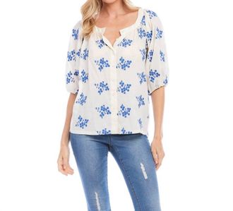 Karen Kane Baylee Floral Embroidered Top In Off White And Blue