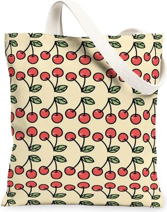 Generic Cherries Pattern Canvas Tote Bags, Fruit Floral Design Reusable Shopping Bags, Summer Vintage Style Lightweight Washable Sh, Beige, 13x15 Inch
