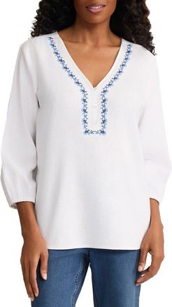 Jones New York Embroidered Popover Top in Natural White/blue Horizon Mlt at Nordstrom, Size X-Small