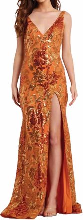 Jovani Plunge Neck Sequin Floral Fitted Gown In Dark Orange/multi