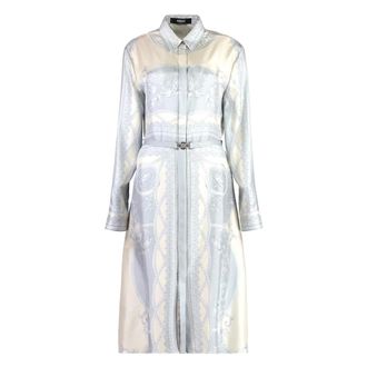 Versace Shirt Dresses, female, Gray, Size: S Silk Shirtdress with La Coupe Des Dieux Print