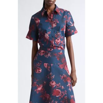 Erdem Floral Organic Cotton Poplin Shirt in Margot Rose Navy at Nordstrom, Size 10