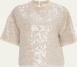 Brunello Cucinelli Paillette Fringe Crispy Silk Chiffon T-Shirt