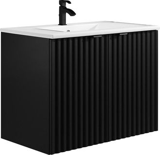 Vente-Unique Mueble de ba&ntilde;o flotante estriado con lavabo empotrado - Negro - Ancho 80 cm - ZILGA
