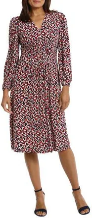 London Times Long Sleeve Ruched Empire Waist Midi Dress in Navy Coral at Nordstrom Rack, Size 16