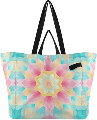Generic Pink Mandala Teal pattern Reusable Canvas Tote Bag, Heavy Duty Grocery Shopping Bag with Hard Bottom Large Capacity Double Handles Work Groceries Trav