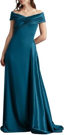 Tadashi Shoji Off the Shoulder Crepe & Taffeta Gown in Cerulean at Nordstrom, Size 14