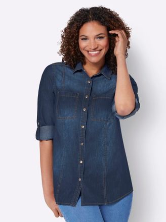 Casual Looks Jeansbluse CASUAL LOOKS, Damen, Gr. 36, blau (blau, stone, washed), 100% Baumwolle, unifarben, Blusen Jeansbluse