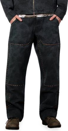 Pleasures Cowhide Print Stud Double Knee Pants in Black at Nordstrom, Size 30